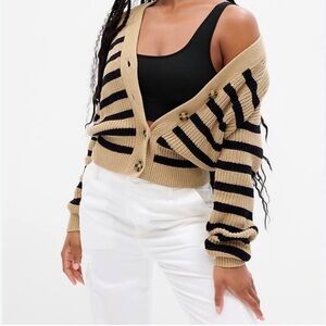 Gap V-neck Cardigan Brown Black Stripe 100% Cotton Women’s Medium Preppy Chunky